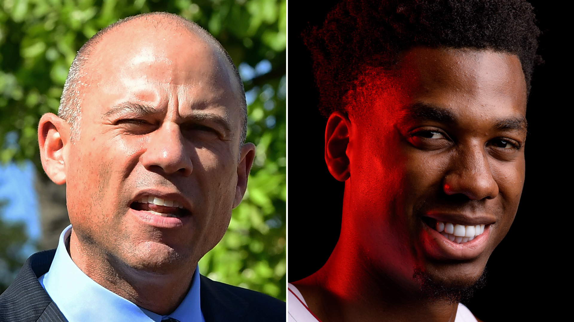 Michael Avenatti, left, addresses the media outside the Ronald Reagan Federal Courthouse in Santa Ana on April 1, 2019. Hassan Whiteside poses for a portrait in Miami, Florida on Sept. 24, 2018. (Credit: Getty Images)