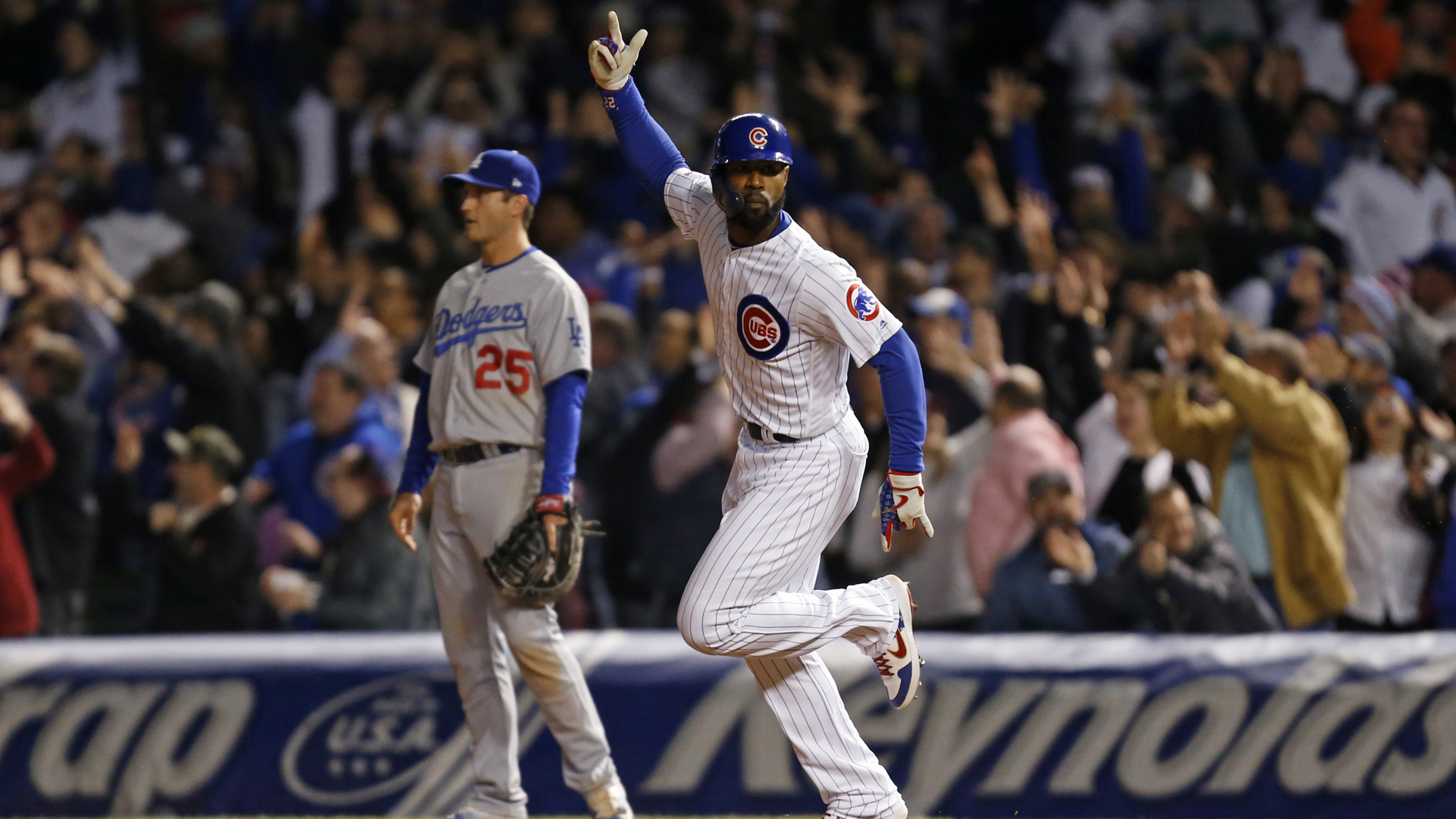 Jason Heyward #22 of the Chicago Cubs rounds the bases following his three run home run against the Los Angeles Dodgers during the sixth inning of a game at Wrigley Field on April 24, 2019 in Chicago, Illinois. (Credit: Nuccio DiNuzzo/Getty Images)