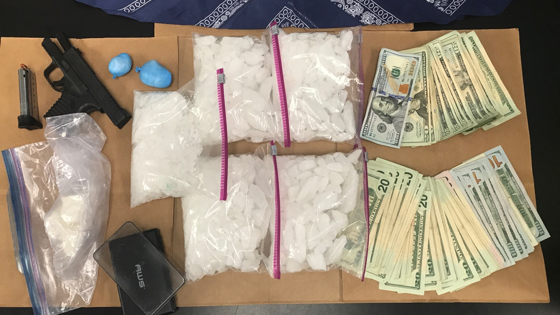 A bust in Santa Maria netted an arrest, along with a large amount of methamphetamine, cocaine and heroine, as well as a stolen handgun, on April 23, 2019. (Credit: Santa Barbara County Sheriff's Office)