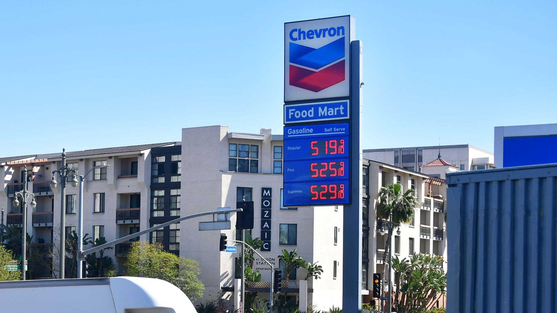 A vehicle enters a gas station charging over $5 a gallon for Regular, Plus and Supreme gas in Los Angeles on April 9, 2019. (Credit: FREDERIC J. BROWN/AFP/Getty Images)