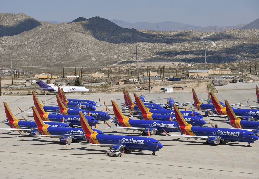 Southwest Airlines Boeing 737 MAX aircrafts are parked on the tarmac after being grounded at the Southern California Logistics Airport in Victorville on March 28, 2019. (Credit: Mark Ralston/AFP/Getty Images)