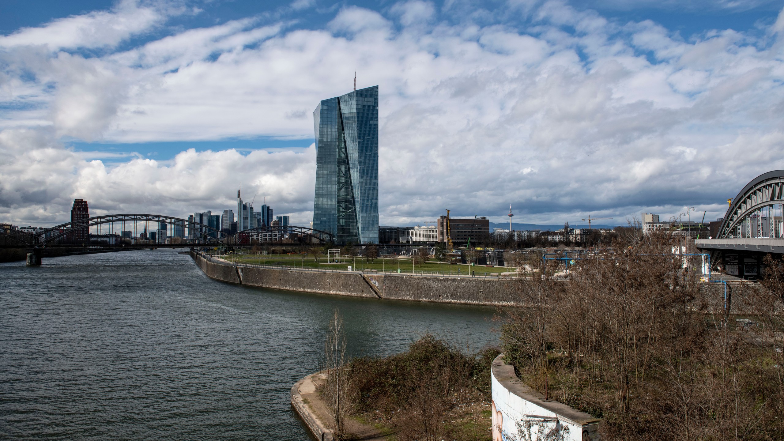 The Frankfurt skyline is seen with the River Main on March 7, 2019, in Frankfurt, Germany. (Credit: Thomas Lohnes/Getty Images)