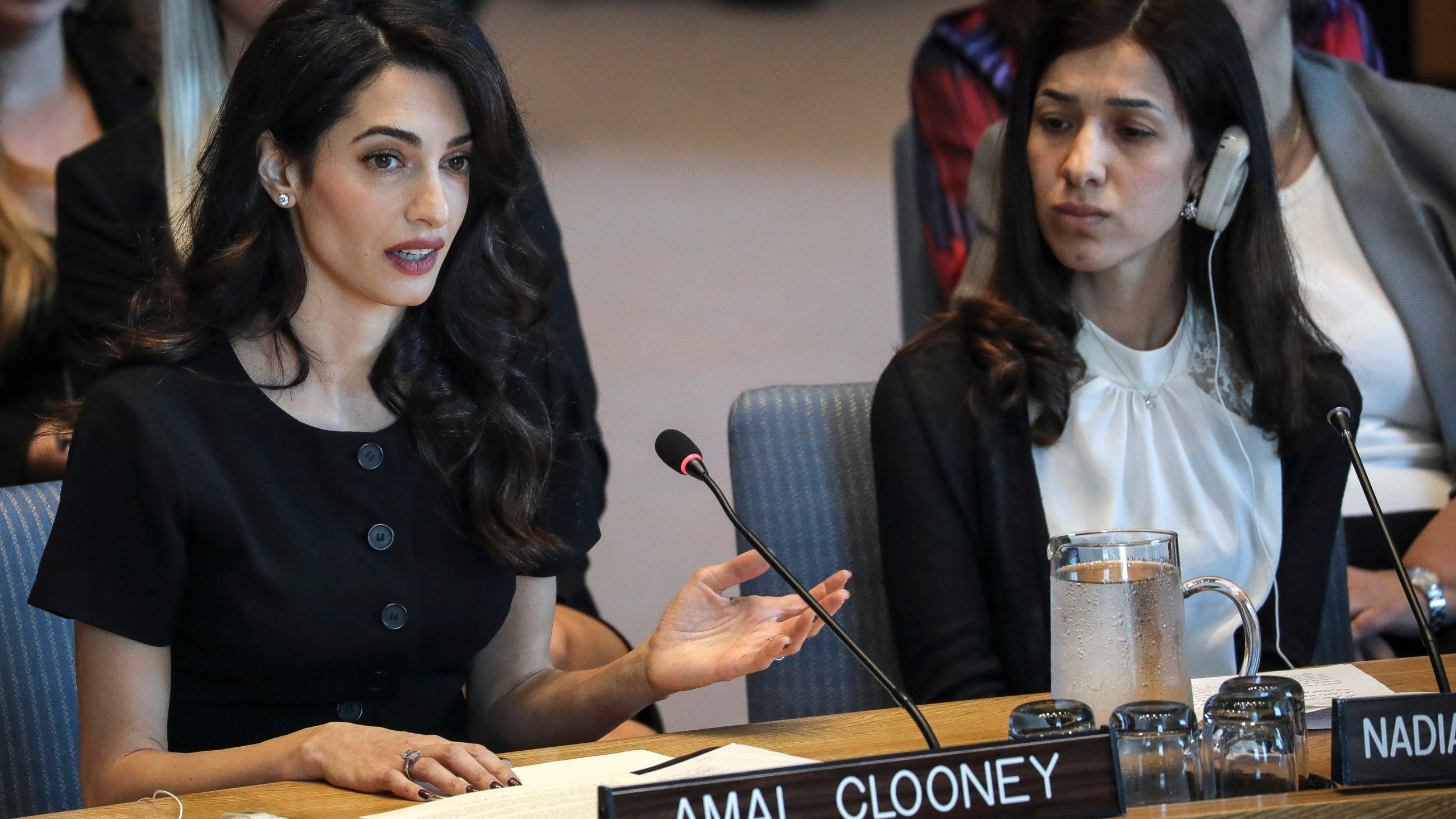 Human rights lawyer Amal Clooney and Iraqi human rights activist Nadia Murad Basee Taha at a United Nations Security Council meeting at the U.N. headquarters on April 23, 2019, in New York City. (Credit: Drew Angerer/Getty Images)