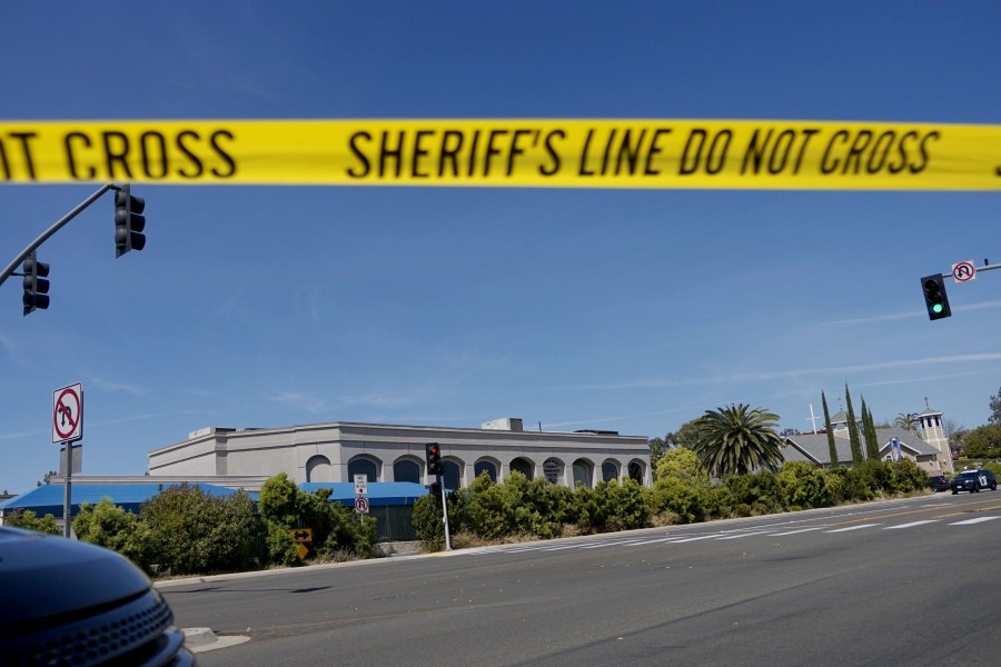 Sheriff's crime scene tape is placed in front of the Chabad of Poway Synagogue after a shooting on Saturday, April 27, 2019 in Poway, California. (Credit: SANDY HUFFAKER/AFP/Getty Images)