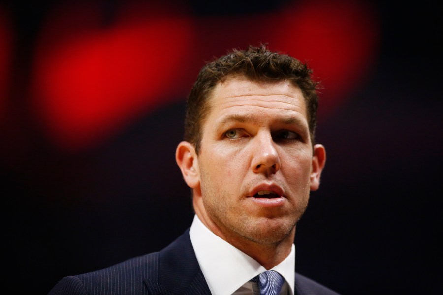 Los Angeles Lakers coach Luke Walton looks on during the first half of the game against the L.A. Clippers at Staples Center on April 5, 2019. (Credit: Yong Teck Lim / Getty Images)