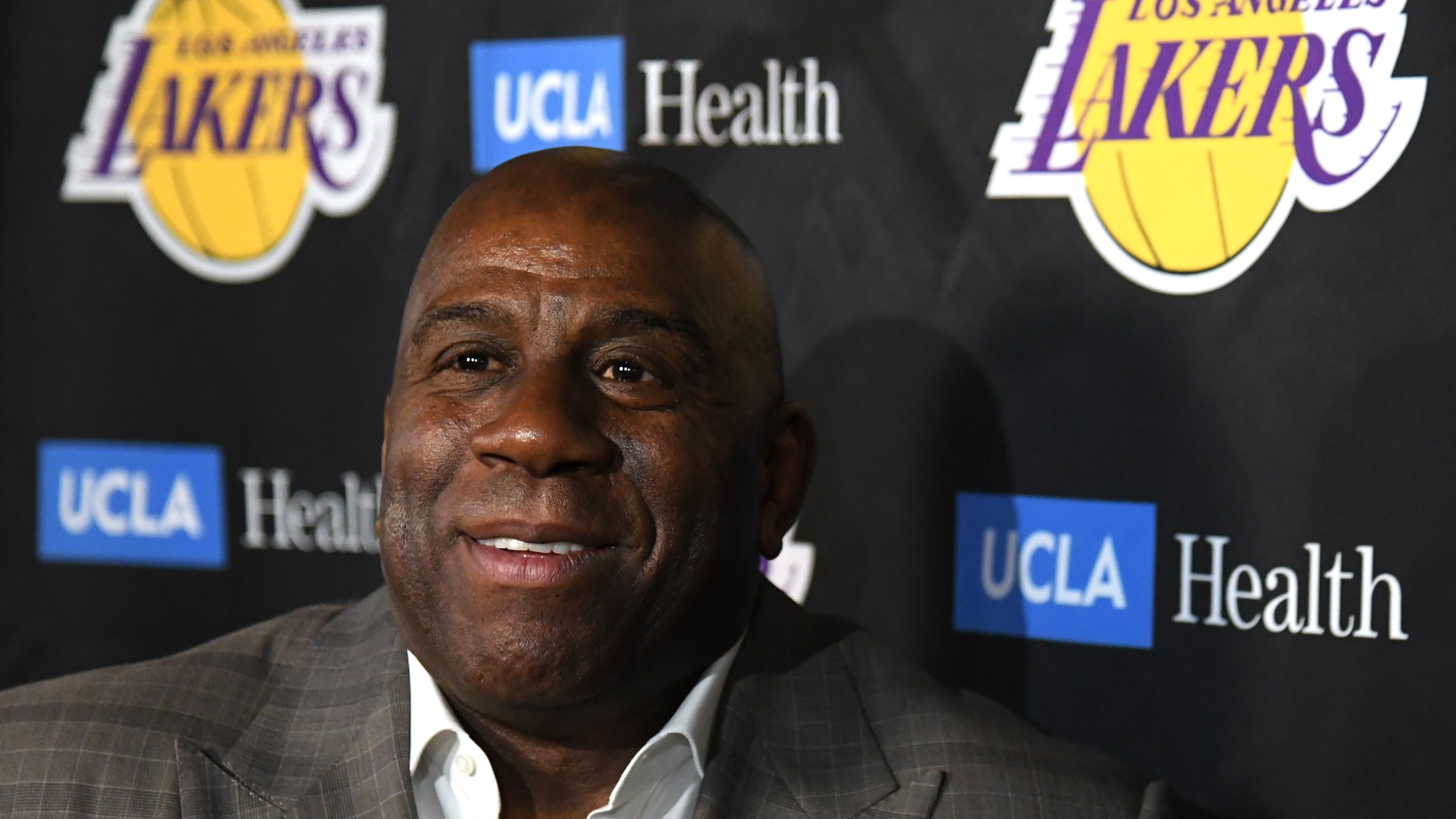 Magic Johnson speaks to the press after resigning as Los Angeles Lakers president of basketball operations on April 9, 2019. (Credit: Harry How / Getty Images)