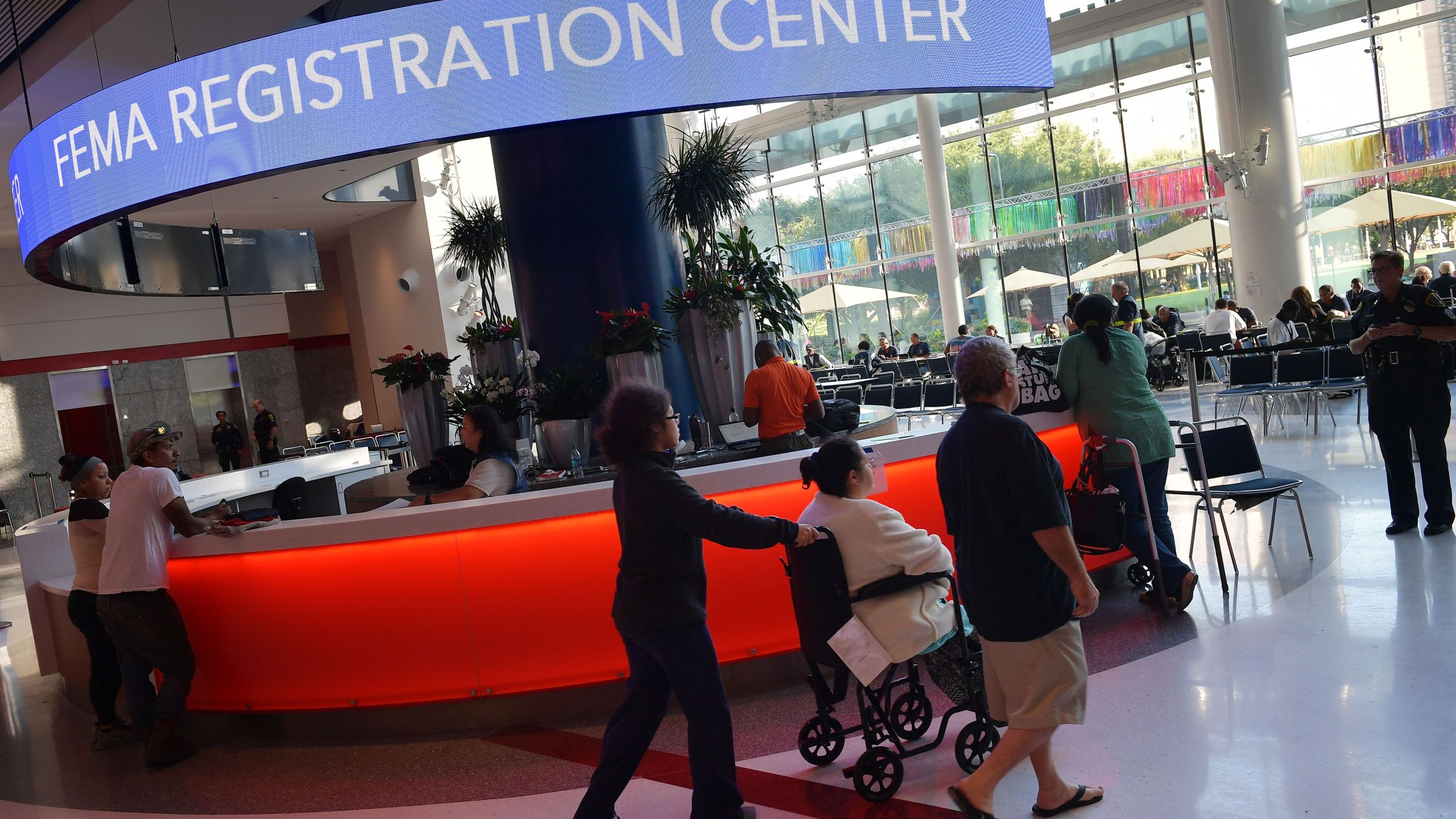 A Federal Emergency Management Agency booth for evacuees of Hurricane Harvey is seen at the George R. Brown Convention Center in Houston on Sept. 2, 2017. (Credit: MANDEL NGAN/AFP/Getty Images)