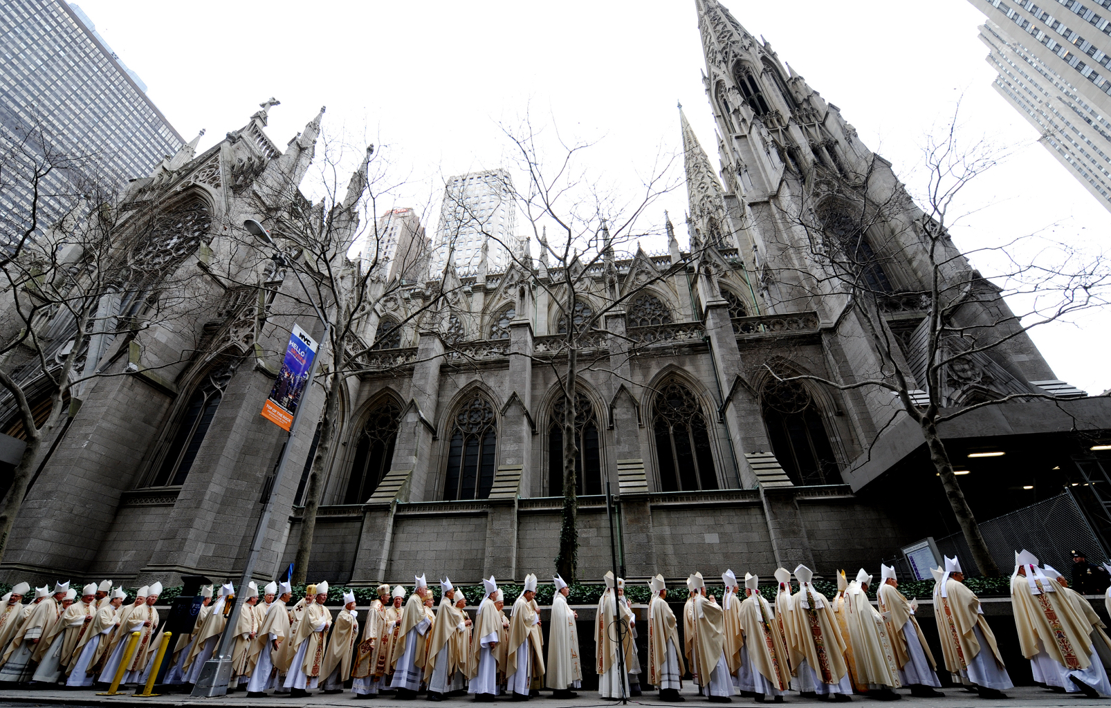 Religious leaders line E 51st St in the procession to the church where Archbishop Timothy Dolan is to perform his first service during his Mass of Installation at St. Patrick's Cathedral in New York City on April 15, 2009. (Credit: Susan Watts / Getty Images)