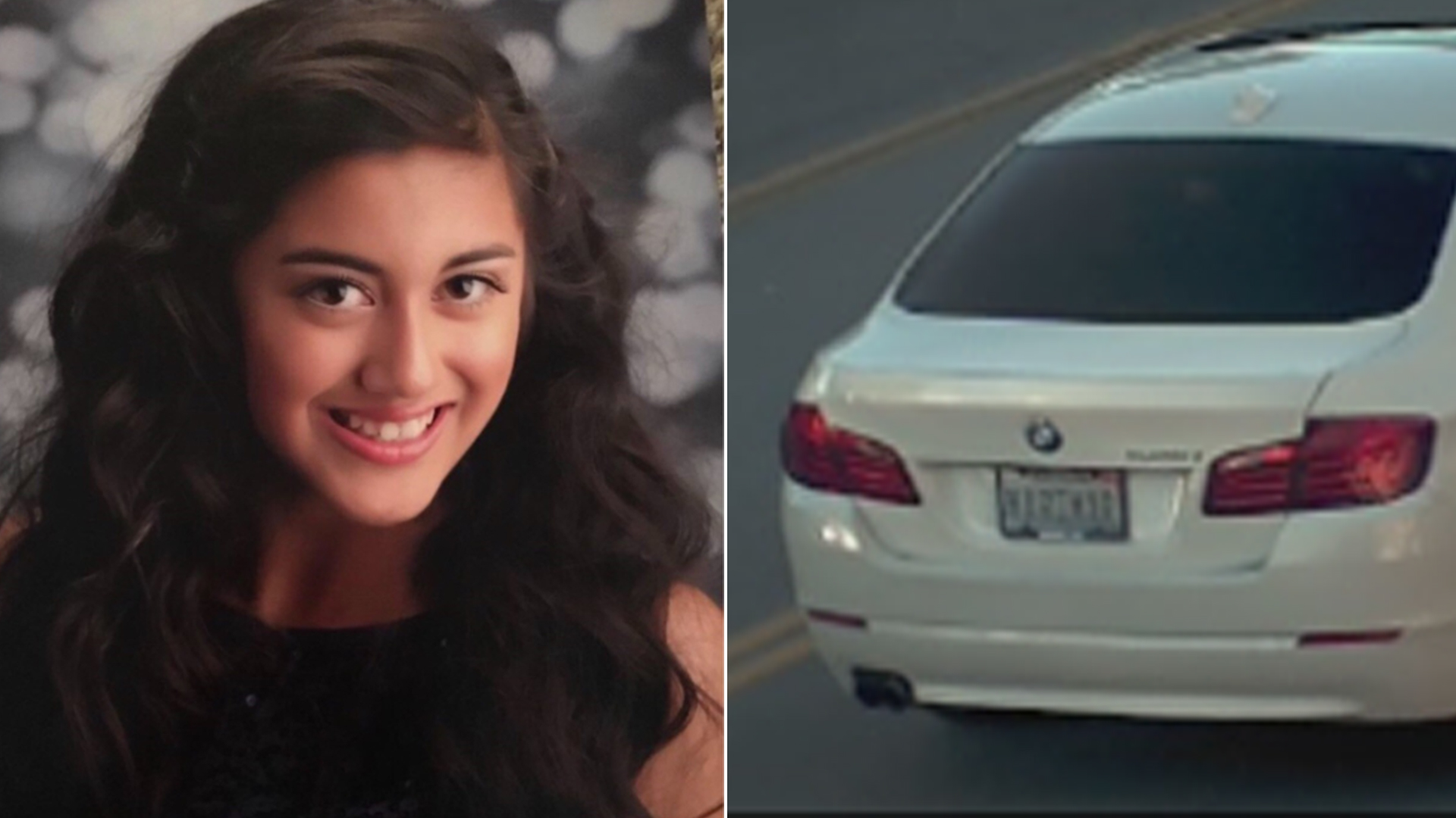 Alora Benitez, 15, is seen in an undated photo along with a surveillance image of the vehicle she was last seen in. (Credit: Los Angeles County Sheriff’s Department)