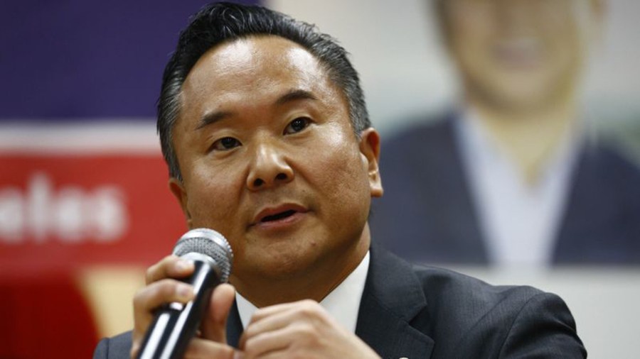 City Council District 12 candidate John Lee participates in a community forum hosted by the Korean American Federation of Los Angeles in March. (Credit: Kent Nishimura / Los Angeles Times)