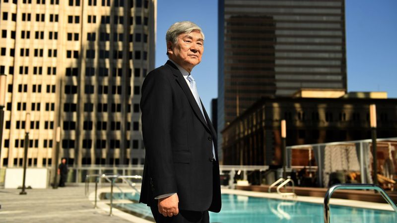 Yang-Ho Cho stands next to the pool at the Wilshire Grand Center in downtown Los Angeles in June 2017. (Credit: Wally Skalij / Los Angeles Times)