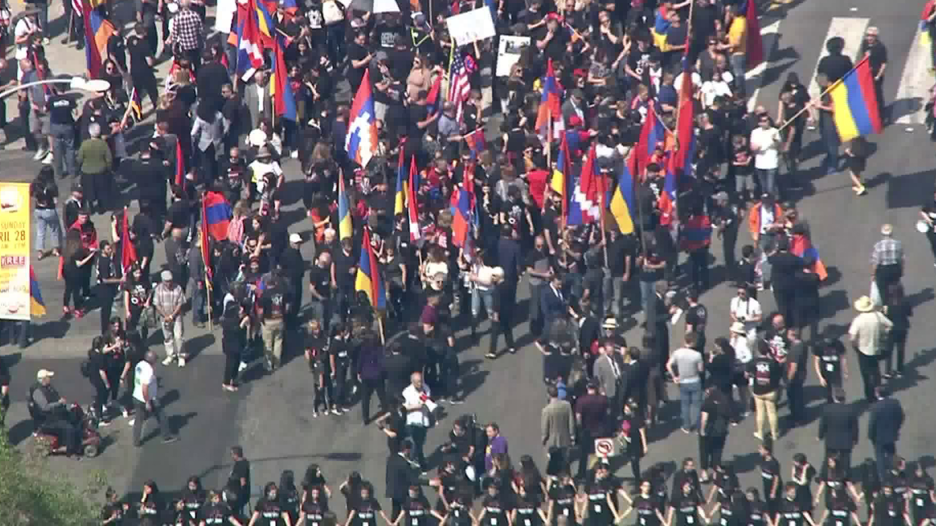 Thousands of people took to the streets of Hollywood on April 24, 2019, to mark the 104th anniversary of the Armenian genocide. (Credit: KTLA)