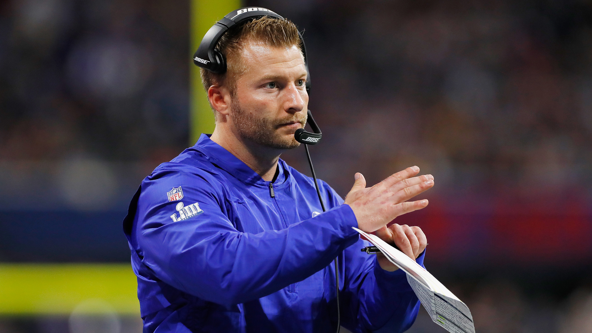 Head Coach Sean McVay of the Los Angeles Rams gestures in the first half during Super Bowl LIII at Mercedes-Benz Stadium on February 3, 2019 in Atlanta, Georgia. (Credit: Kevin C. Cox/Getty Images)