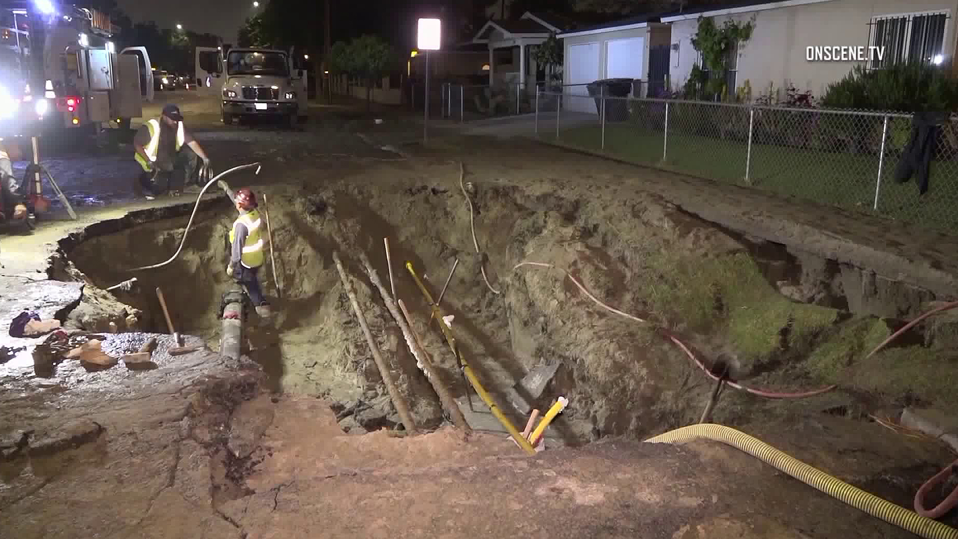 Utility crews work to repair a water main that broke in Anaheim on April 24, 2019. (Credit: OnScene.TV)