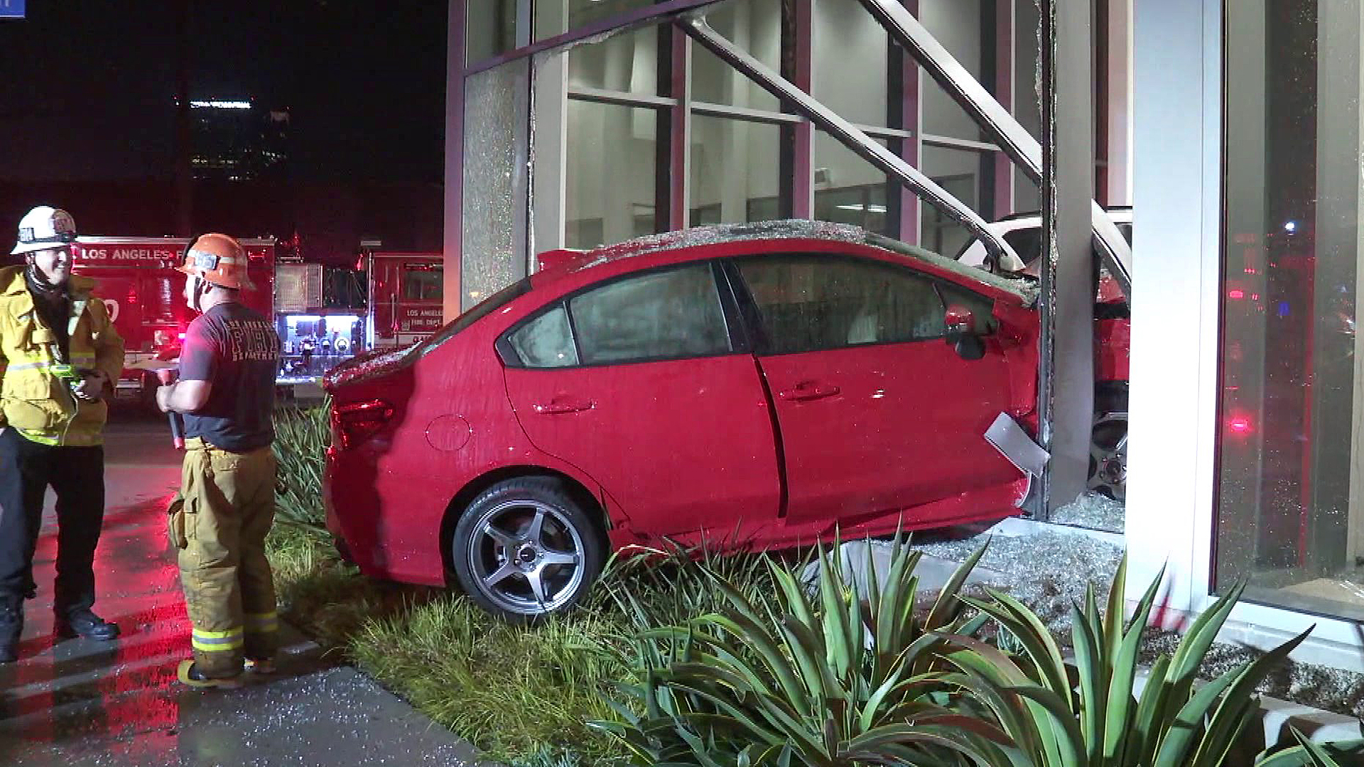 A car crashed into a car dealership in Toluca Lake on April 24, 2019. (Credit: KTLA)