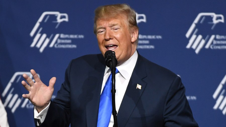 Donald Trump speaks during the Republican Jewish Coalition's annual leadership meeting at The Venetian Las Vegas on April 6, 2019. (Credit: Ethan Miller/Getty Images)