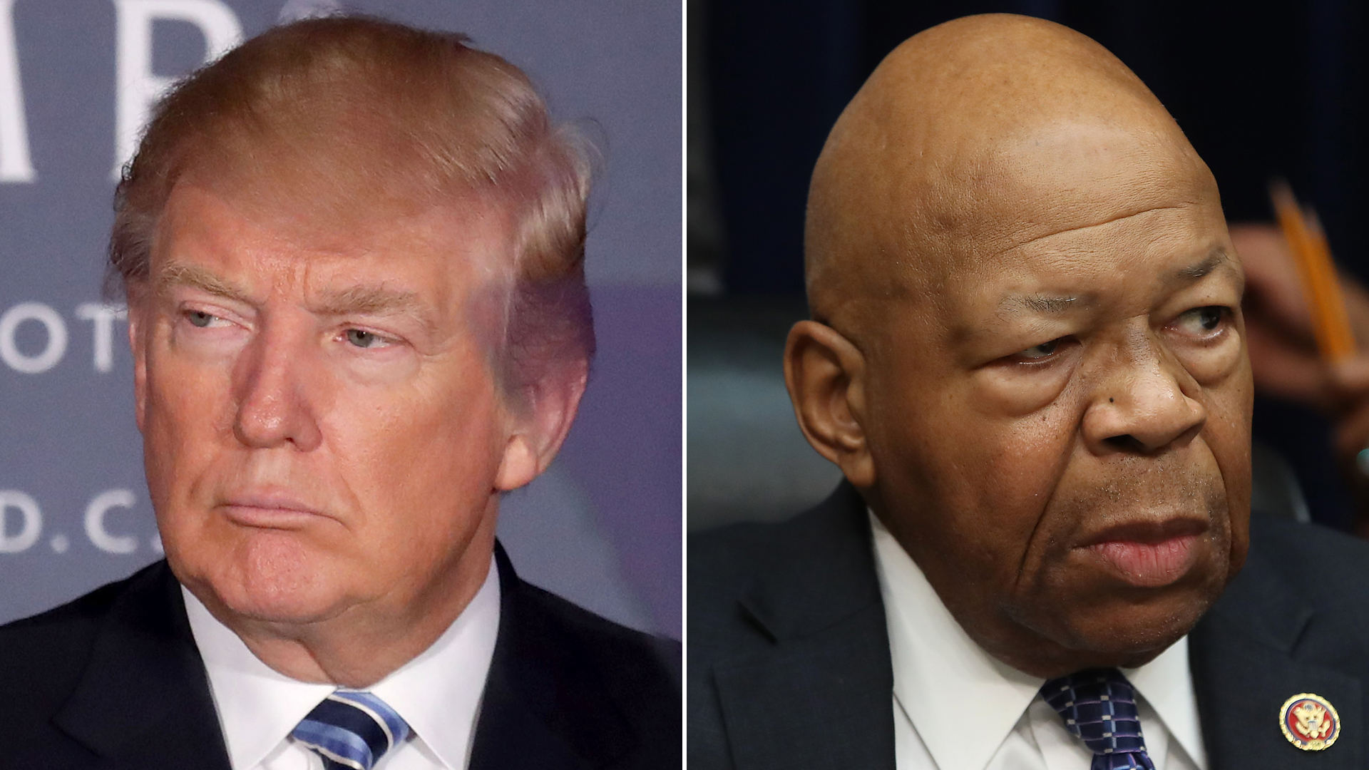 Donald Trump, left, delivers remarks before a ribbon cutting ceremony at the new Trump International Hotel on Oct. 26, 2016 in Washington, D.C. Elijah Cummings (D-MD), right, conducts a hearing on March 14, 2019 in Washington, D.C. (Credit: Getty Images)