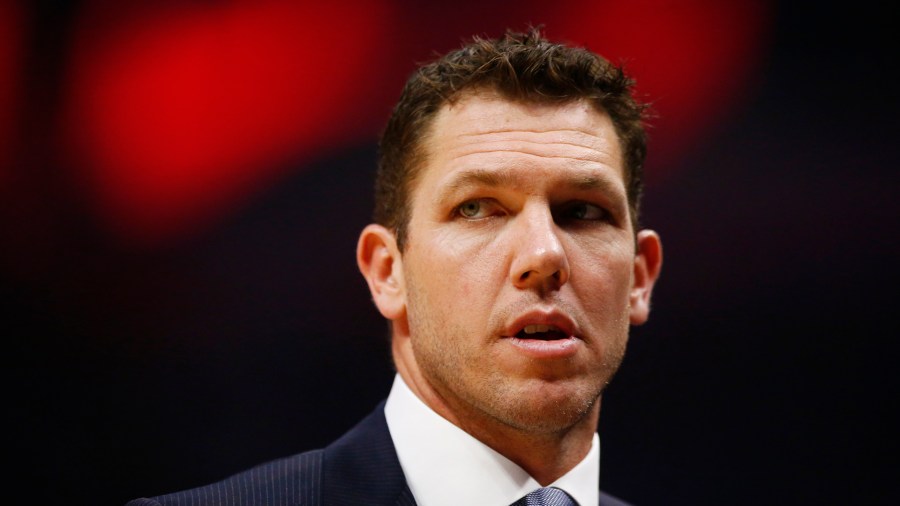 Lakers coach Luke Walton looks on during the first half of the game against the Los Angeles Clippers at Staples Center on April 05, 2019. (Credit: Yong Teck Lim/Getty Images)