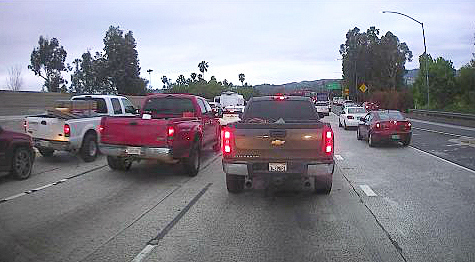 Traffic on the 405 Freeway through the Sepulveda Pass is seen on May 7, 2019. (Credit: KTLA)