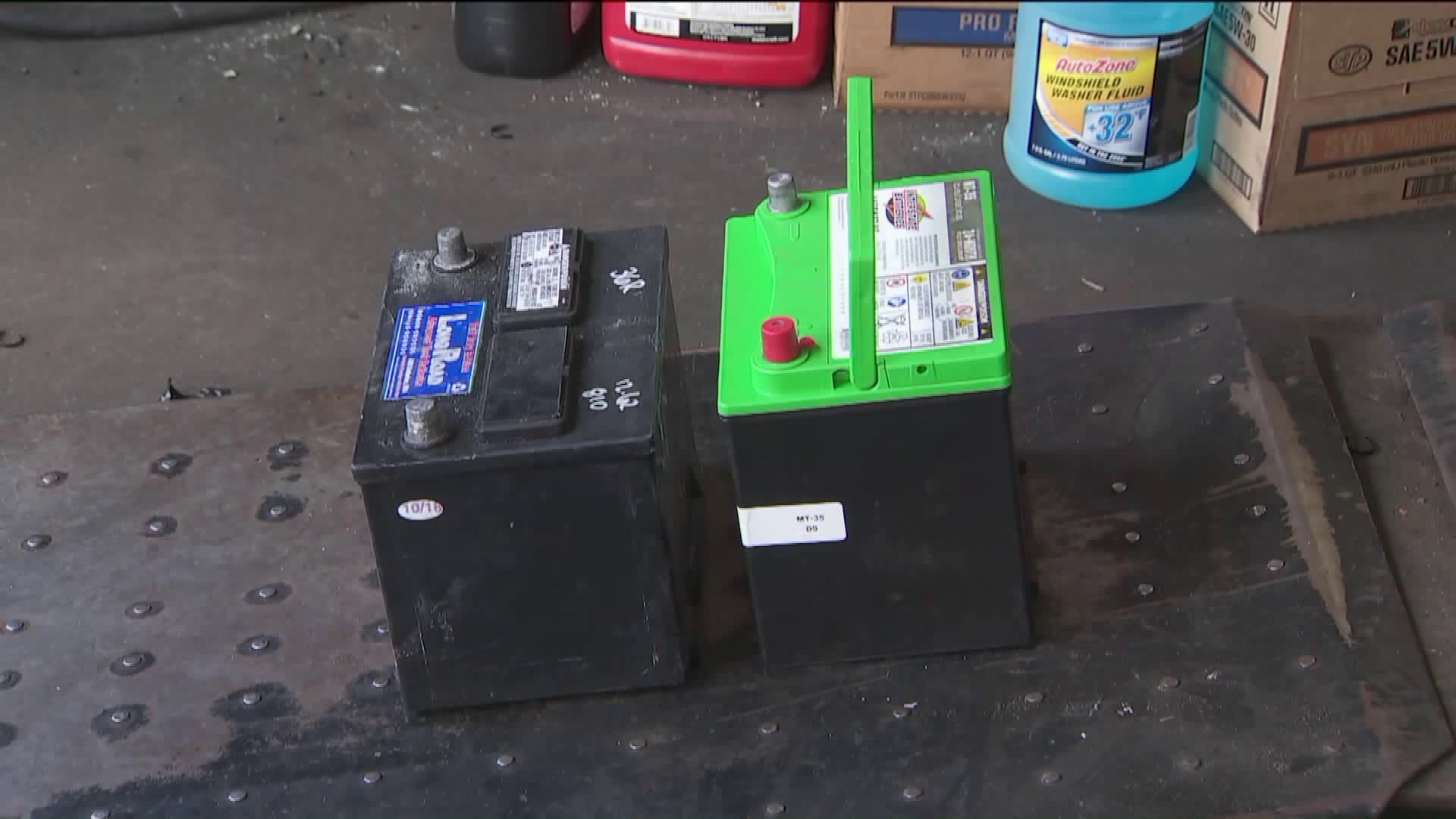 Car batteries are pictured. (Credit: KTLA)