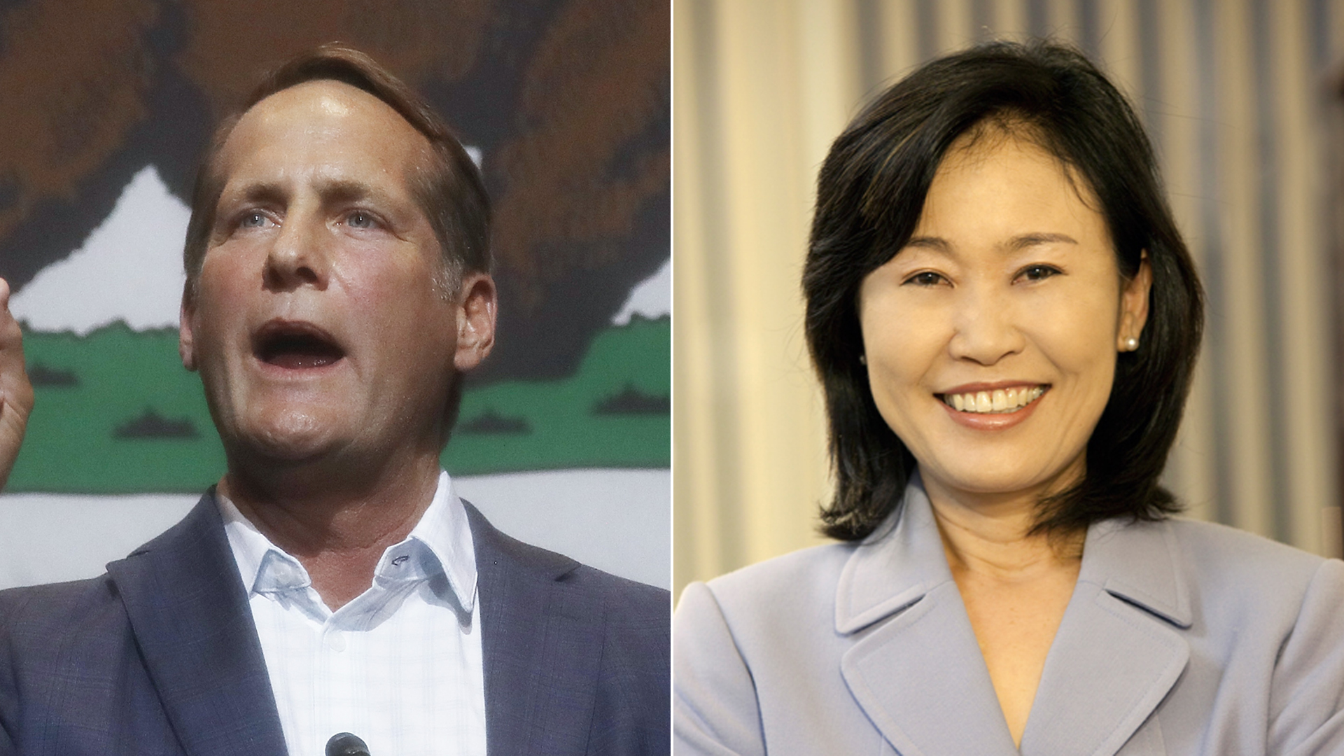 From left: Harley Rouda speaks at a campaign event in Fullerton on Oct. 4, 2018, and Michelle Steel is seen in her official portrait for the Orange County Board of Supervisors. (Credit: Mario Tama / Getty Images)