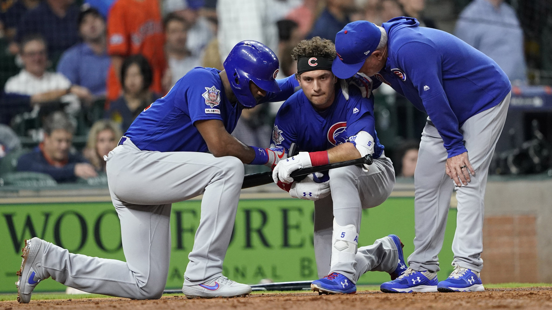 Chicago Cubs' Albert Almora Jr. is consoled after hitting a foul ball into the stands in Houston on May 29, 2019. (Credit: David J Phillip/AP)