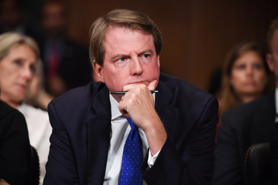 Donald McGahn listens as Supreme Court nominee Brett Kavanaugh testifies before the Senate Judiciary Committee on Capitol Hill on Sept. 27, 2018 in Washington, D.C. (Credit: Saul Loeb - Pool/Getty Images)