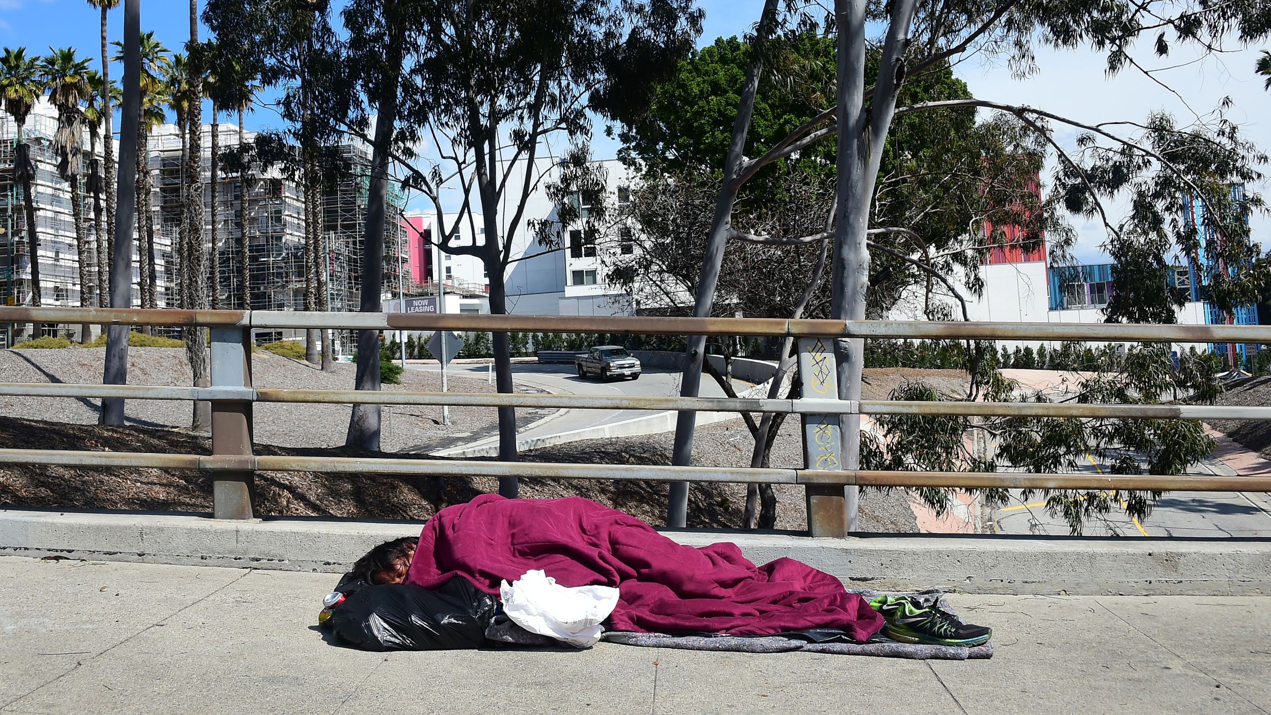 A homeless man sleeps on a sidewalk in Los Angeles on March 10, 2019. (Credit: Frederic J. Brown / AFP / Getty Images)