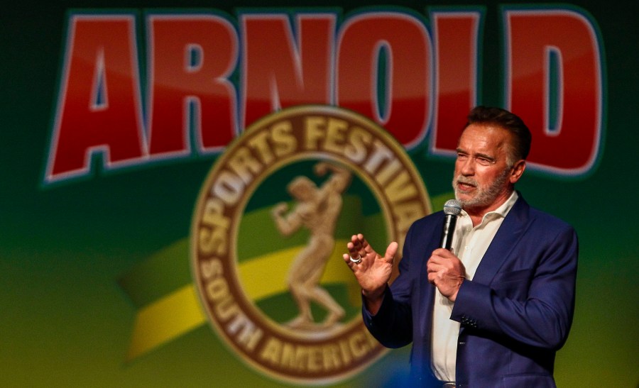 Former California Gov. Arnold Schwarzenegger speaks during the opening of the fitness and bodybuilding Arnold Classic Brazil event in Sao Paulo, Brazil, on April 12, 2019. (Credit: MIGUEL SCHINCARIOL/AFP/Getty Images)