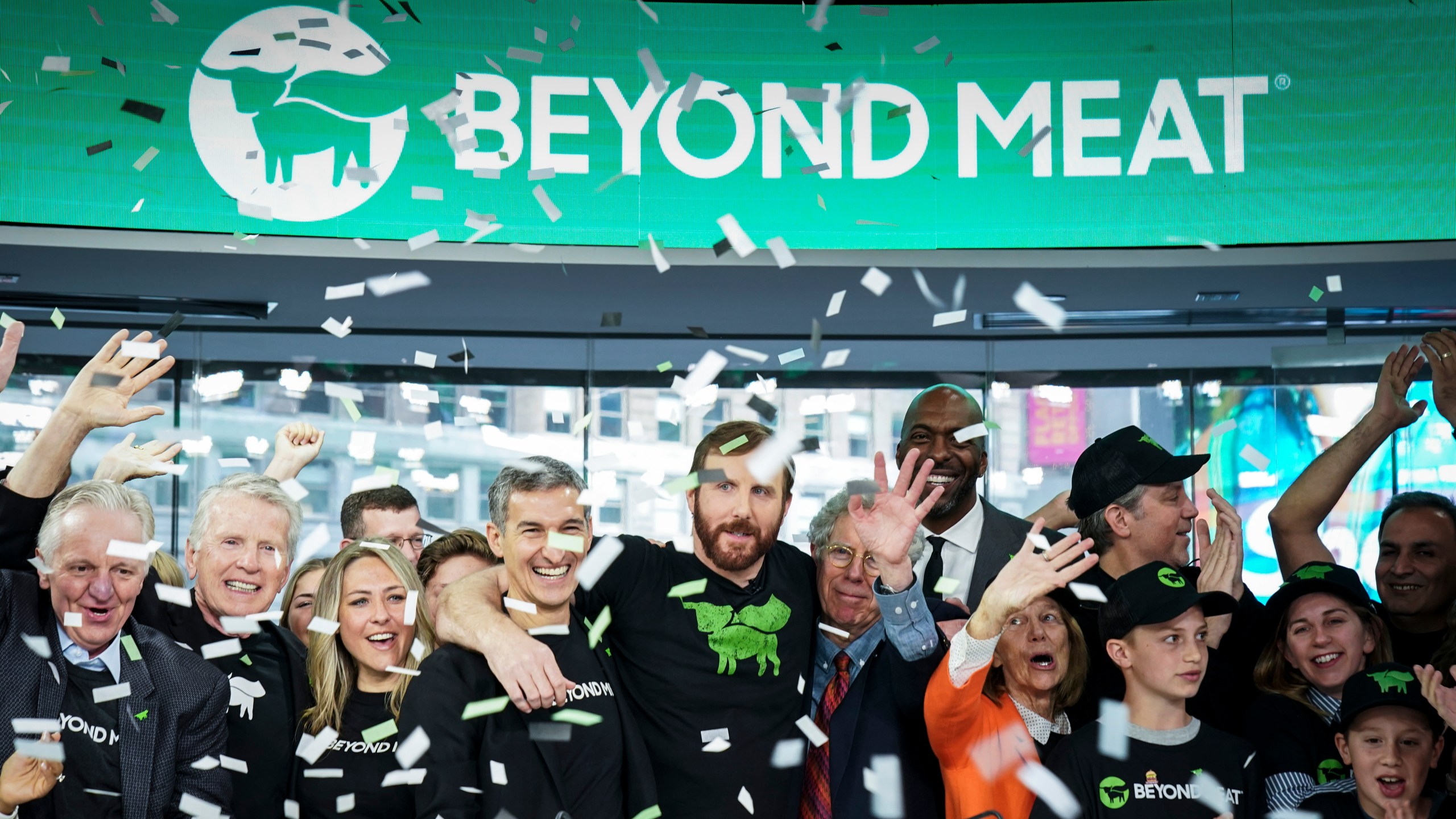 Beyond Meat CEO Ethan Brown celebrates with guests after ringing the opening bell at Nasdaq MarketSite, May 2, 2019, in New York City. (Credit: Drew Angerer/Getty Images)