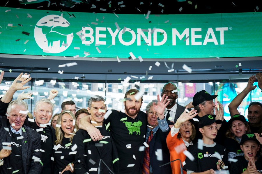 Beyond Meat CEO Ethan Brown celebrates with guests after ringing the opening bell at Nasdaq MarketSite, May 2, 2019, in New York City. (Credit: Drew Angerer/Getty Images)