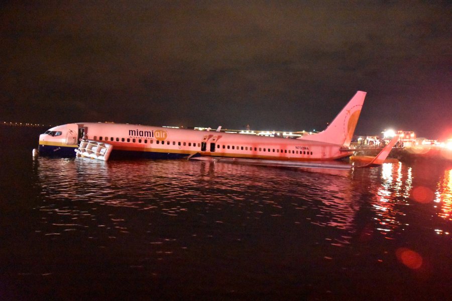 In this handout released by the U.S. Navy, a Boeing 737 aircraft carrying 136 passengers and seven crew from Naval Station Guantanamo Bay, Cuba, slid off the runway at Naval Air Station Jacksonville, Fla. into the St. Johns River, May 3, 2019. (Credit: U.S. Navy via Getty Images)