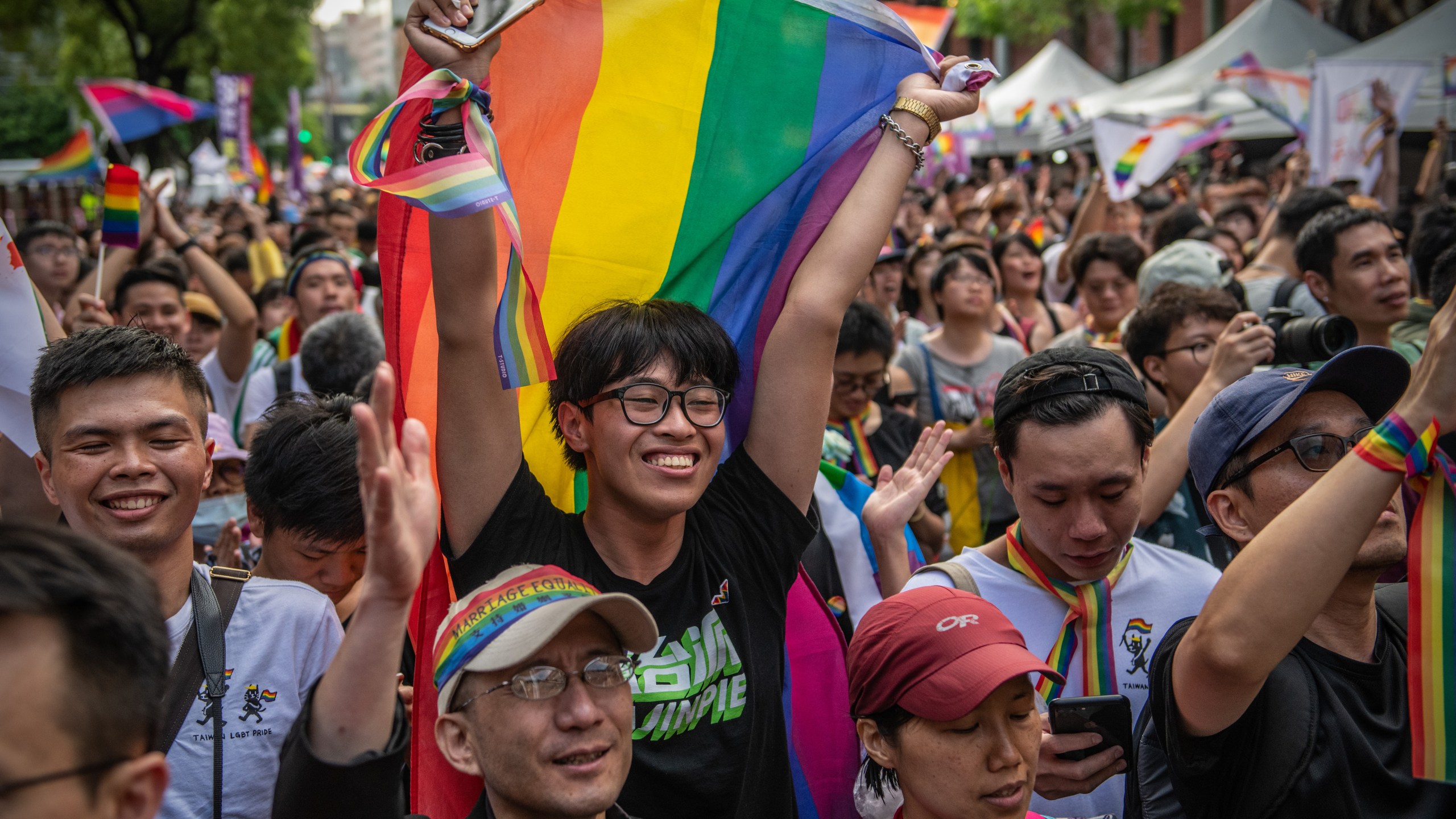 People celebrate after Taiwan's parliament voted to legalize same-sex marriage on May 17, 2019, in Taipei, Taiwan. (Credit: Carl Court/Getty Images)