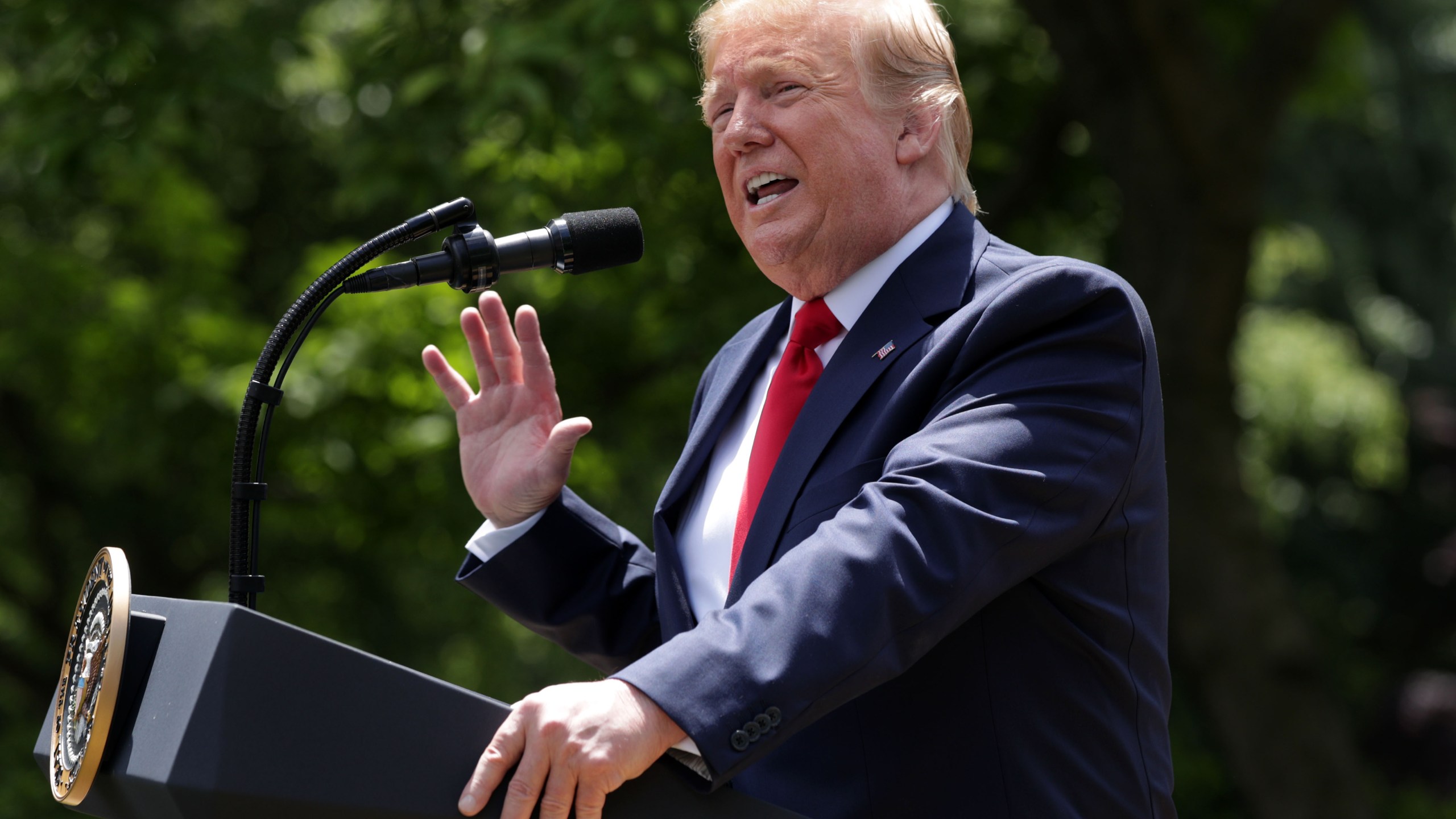 U.S. President Donald Trump speaks as he hosts the U.S. Military Academy football team, the Army Black Knights, in the Rose Garden of the White House, May 6, 2019, in Washington, D.C. (Credit: Alex Wong/Getty Images)