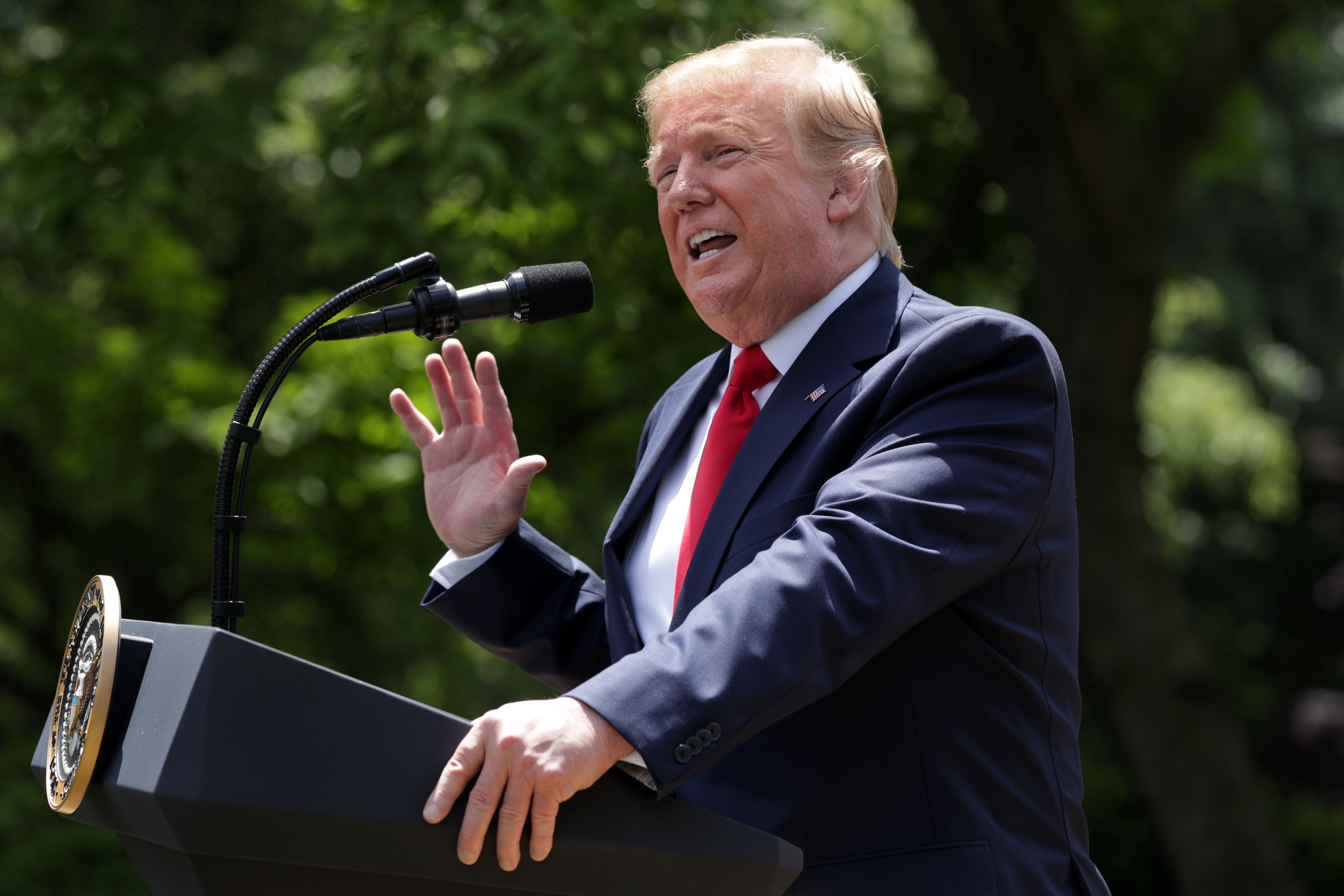 U.S. President Donald Trump speaks as he hosts the U.S. Military Academy football team, the Army Black Knights, in the Rose Garden of the White House, May 6, 2019, in Washington, D.C. (Credit: Alex Wong/Getty Images)