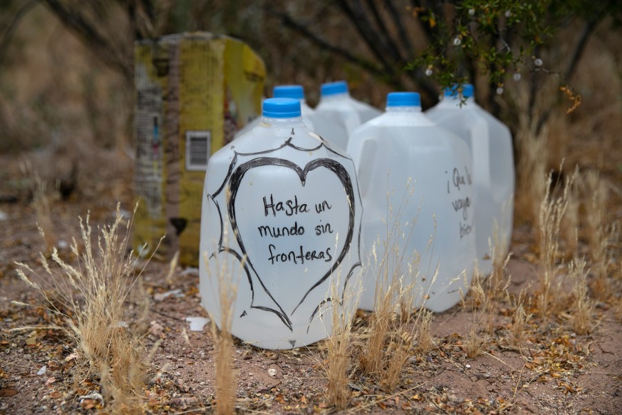 Jugs of water for undocumented immigrants sit along migrant trails near Ajo, Arizona, after being delivered by humanitarian volunteers with No More Deaths on May 10, 2019. (Credit: John Moore / Getty Images)