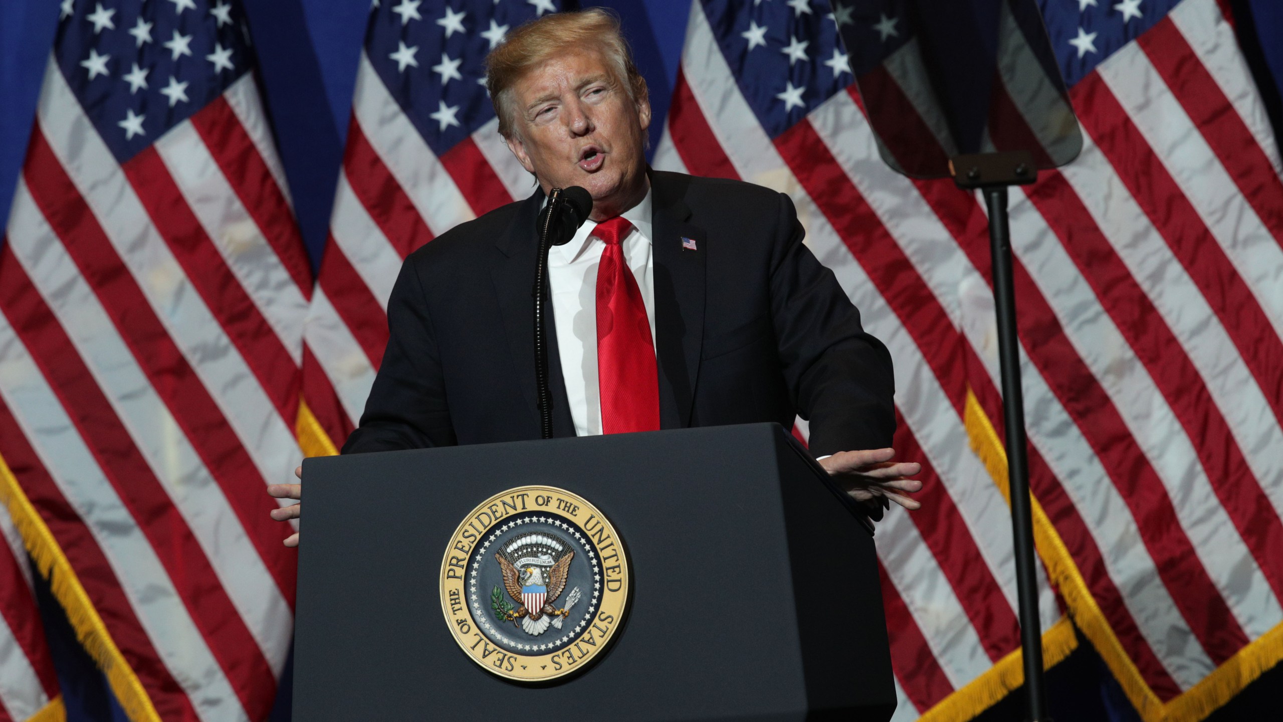 President Donald Trump addresses the National Association of Realtors Legislative Meetings & Trade Expo on May 17, 2019, in Washington, D.C. (Credit: Alex Wong / Getty Images)