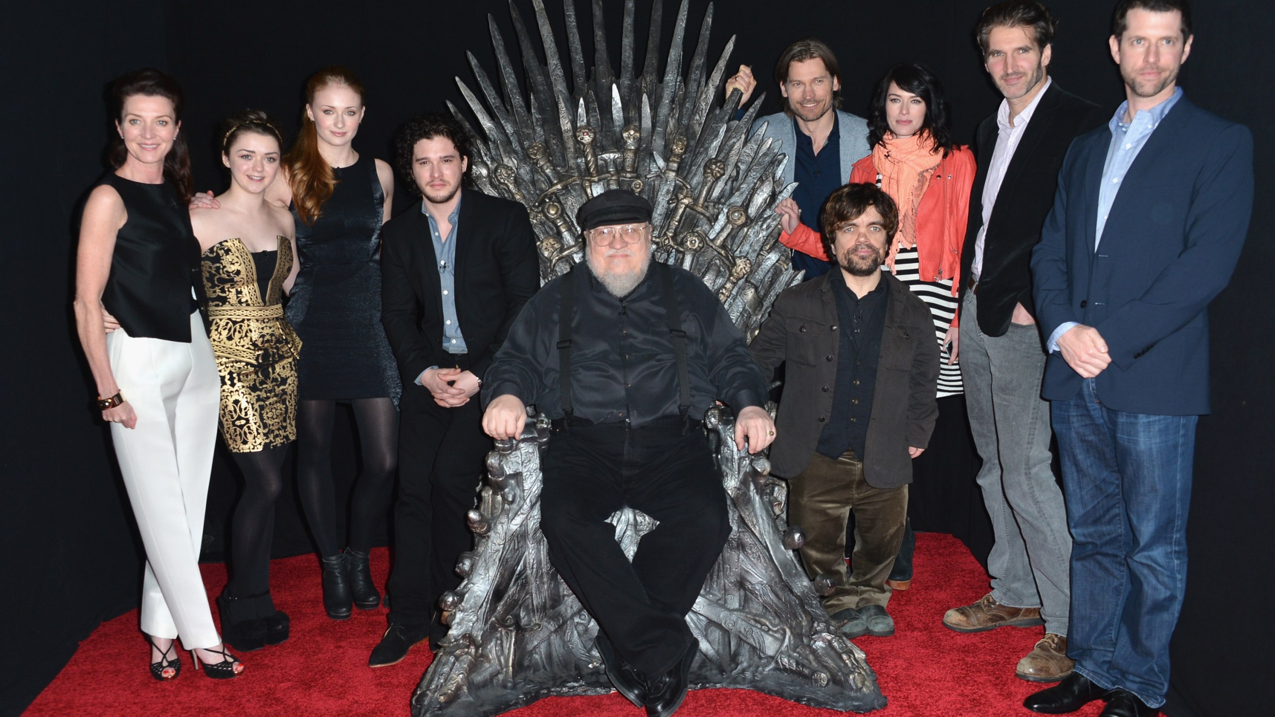 Actors Michelle Fairley, Maisie Williams, Sophie Turner, Kit Harington, executive producer George R.R. Martin, actors Nikolaj Coster-Waldau, Peter Dinklage, Lena Headey, co-creator/executive producer David Banioff and co-creator/executive producer D.B. Weiss attend The Academy of Television Arts & Sciences' Presents An Evening With "Game of Thrones" at TCL Chinese Theatre on March 19, 2013. (Credit: Alberto E. Rodriguez/Getty Images)