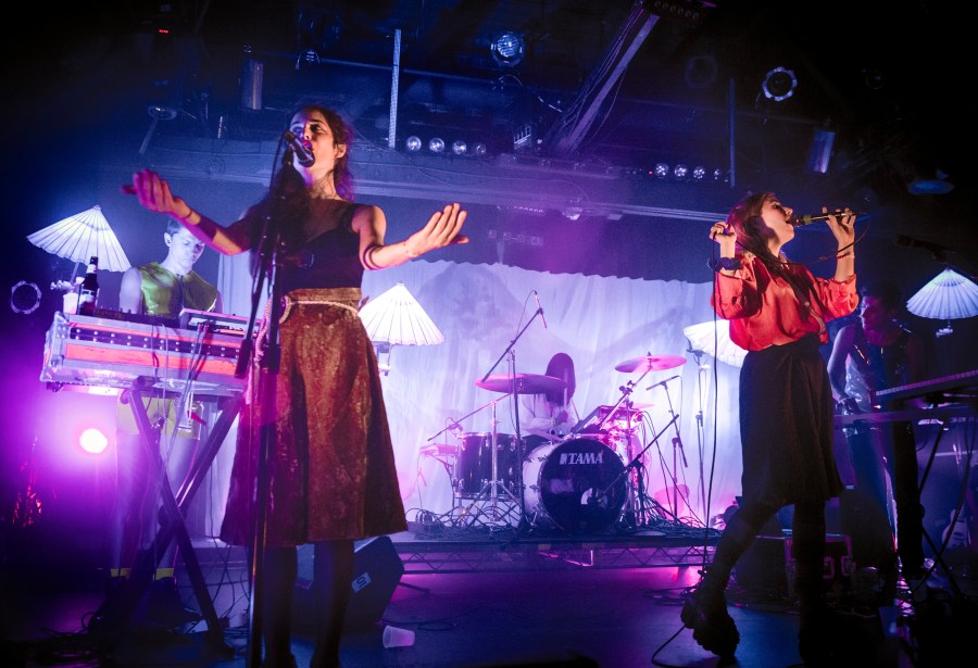 Musicians Ryan Wonsiak, Romy Lightman, Maya Postepski, Katie Stelmanis and Dorian Wolf of Austra perform at The Echoplex on Sept. 9, 2013, in Echo Park. (Credit: Chelsea Guglielmino/Getty Images)