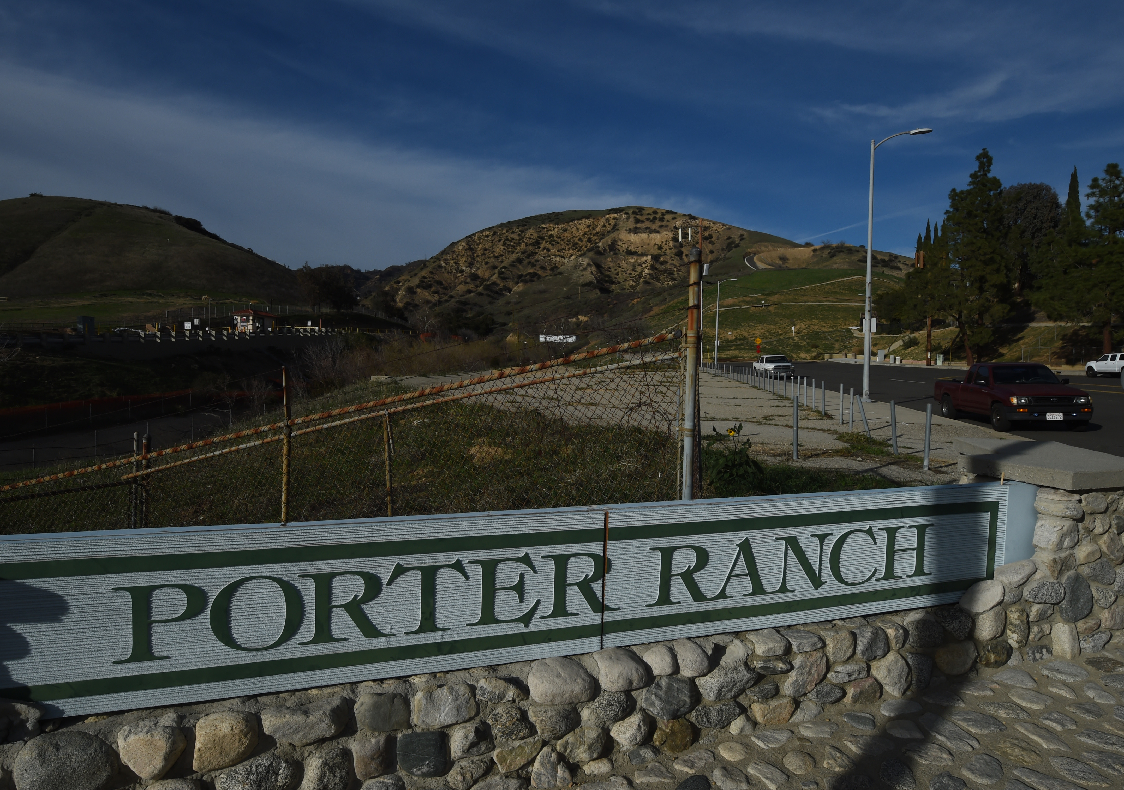 The entrance to the SoCal Gas facility in Porter Ranch is seen on January 22, 2016. (Credit: MARK RALSTON/AFP/Getty Images)