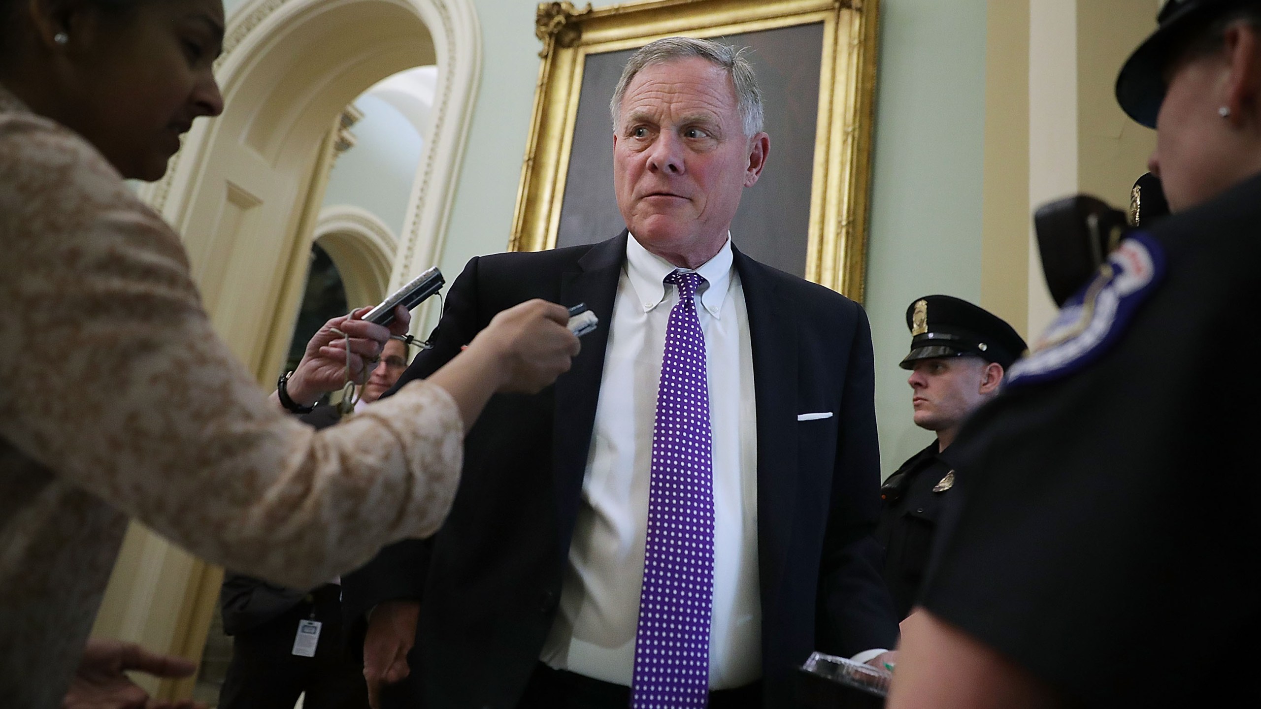 Senate Intelligence Committee Chairman Richard Burr (R-NC) talks with reporters before stepping into the weekly Republican policy luncheon at the U.S. Capitol April 17, 2018 in Washington, DC. (Credit: Chip Somodevilla/Getty Images)