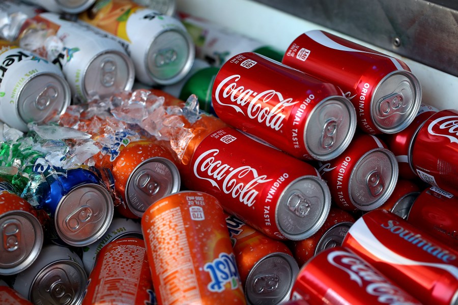 Cans of soda are displayed in a cooler in San Francisco on June 29, 2018. (Credit: Justin Sullivan / Getty Images)