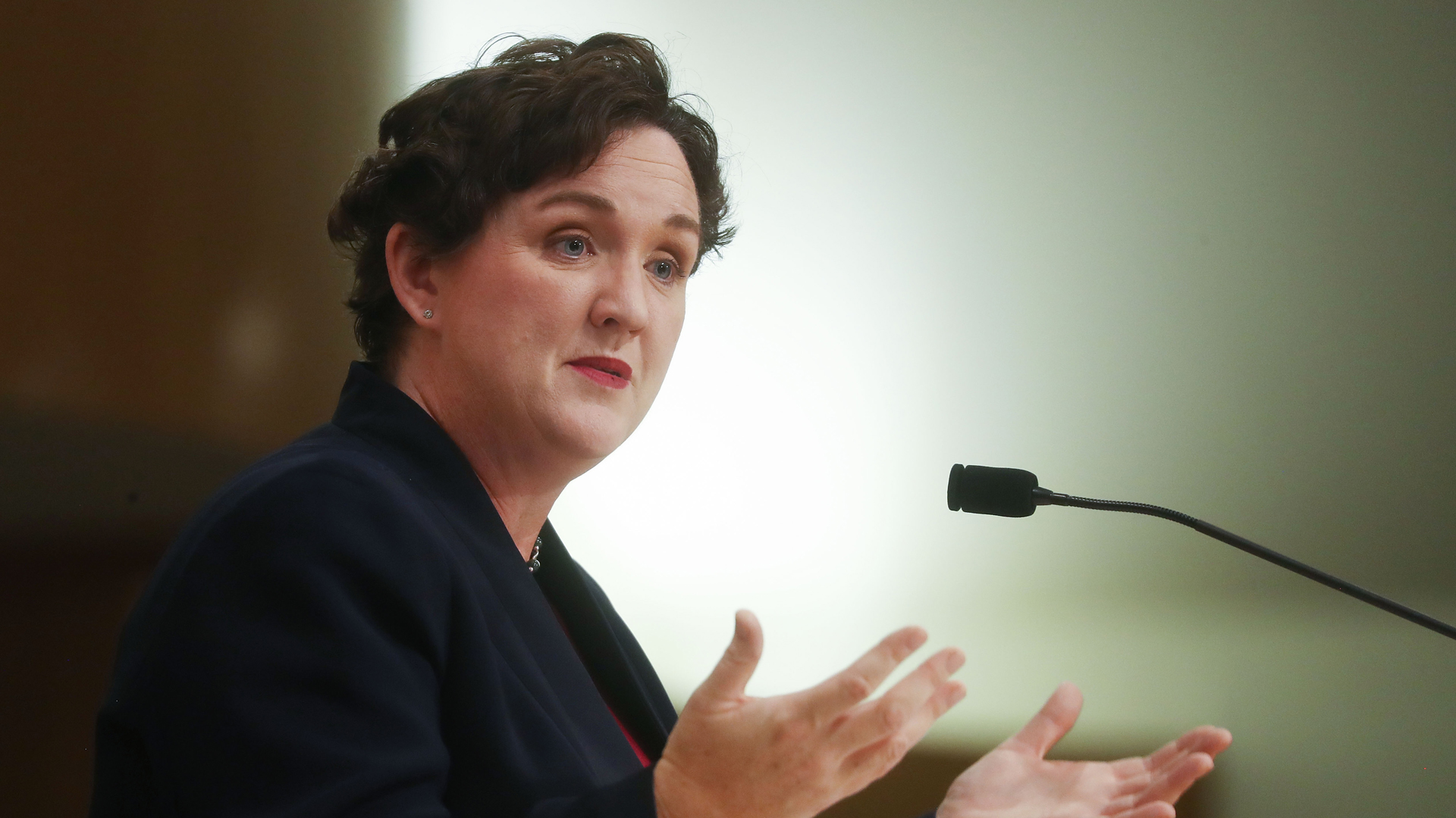 In this file photo, then-candidate Katie Porter -- now a Democratic congresswoman representing California's 45th district -- speaks at a campaign town hall in Orange County on October 22, 2018. (Credit: Mario Tama/Getty Images)