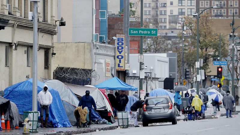 Tents are seen on the sidewalks of 5th and San Pedro streets in downtown Los Angeles in March. (Credit: Luis Sinco / Los Angeles Times)