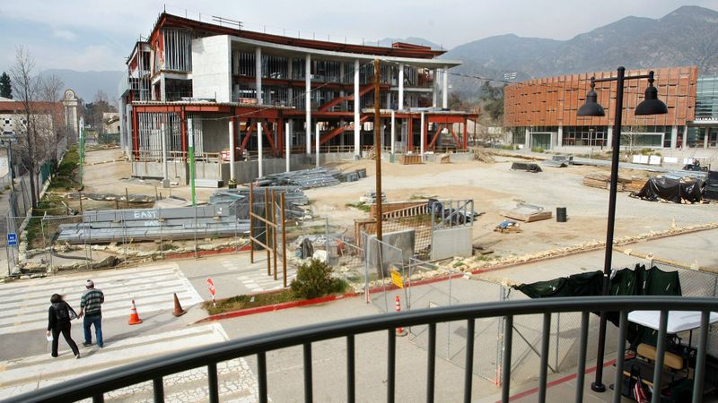 The Media Arts Building, left, shown under construction in 2012, alongside the completed Culinary Arts Institute, right, on the campus of Los Angeles Mission College in Sylmar. The campus is part of the Los Angeles Community College District. (Credit: Mel Melcon / Los Angeles Times)