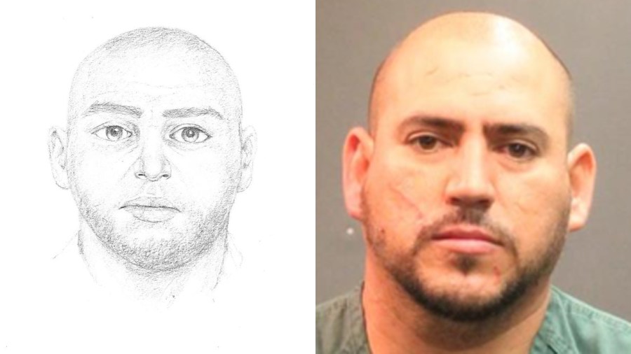 Left, a suspect sketch released by Santa Ana police in Nov. 2018, and right, a booking photo of Cornelio Chairez-Velasquez.