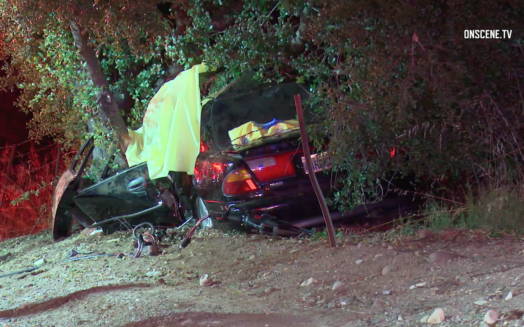 A vehicle slammed into a tree in Silverado Canyon on May 25, 2019. (Credit: Onscene.tv)