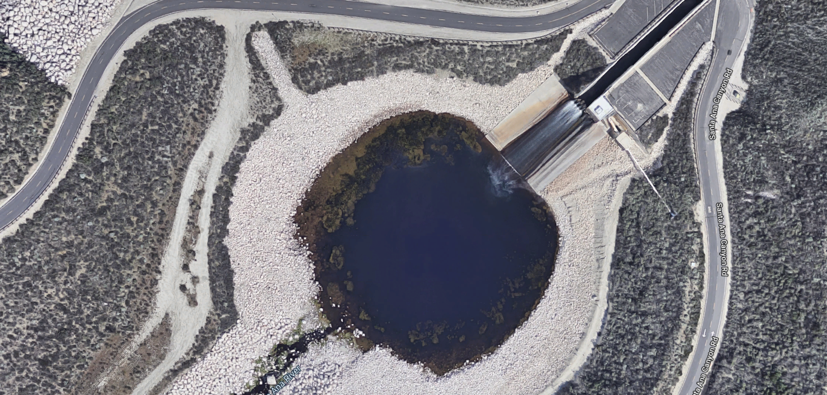 The Seven Oaks Dam is seen in a Google Maps image on May 27, 2019.