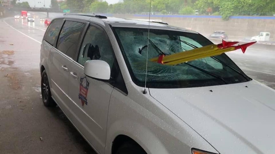 A passenger was impaled after a homeless man allegedly threw a tripod onto a freeway in Sacramento on May 16, 2019. (Credit: California Highway Patrol)