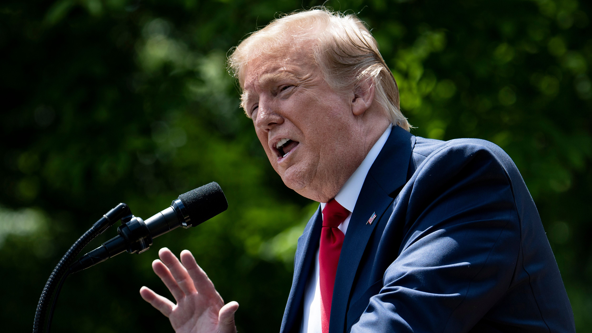 President Trump speaks during a ceremony celebrating West Point's football team on the South Lawn of the White House May 6, 2019. (Credit: BRENDAN SMIALOWSKI/AFP/Getty Images)